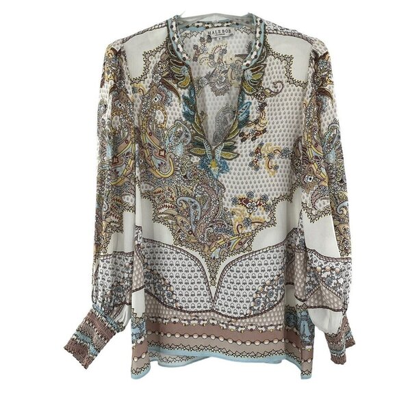 Hale Bob Tunic Small Beaded Embellished V Neck Blouse Top Long Bell Sleeve - Picture 1 of 11